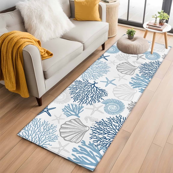 Blue Grey Coastal Kitchen Runner Rug 2x6 Washable Runners for Hallway Non Slip Summer Beach Coral Shell Starfish Large Area Rug Indoor Floor Carpet for Bathroom Laundry Entryway Bedroom Living Room