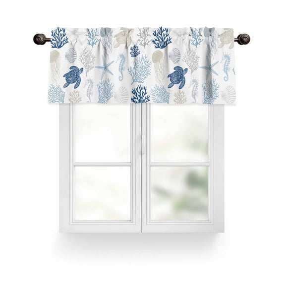 Blue Grey Coastal Kitchen Valances for Windows Ocean Animals Pattern Valance Curtains for Kitchen /Living Room/Bedroom/ Bathroom Decor, 42"x12 " ,Rod Pocket 1 Panel,