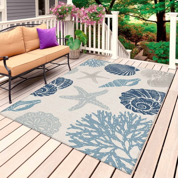 Blue Grey Coastal Outdoor Rug for Patio/Deck/Porch, Non-Slip Large Area Rug 4 x 6 Ft, Nautical Shell Starfish Coral Summer Beach Rustic Indoor Outdoor Rugs Washable Area Rugs, Camping Rug Carpet