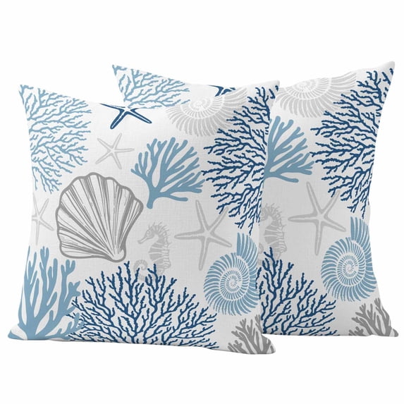 Blue Grey Coastal Outdoor Waterproof Pillow Covers, Summer Beach Coral Shell Starfish Decorative Square Throw Pillowcase Sofa Cushion Sham for Patio/Couch/Chair, 20"x20" 2 Pack