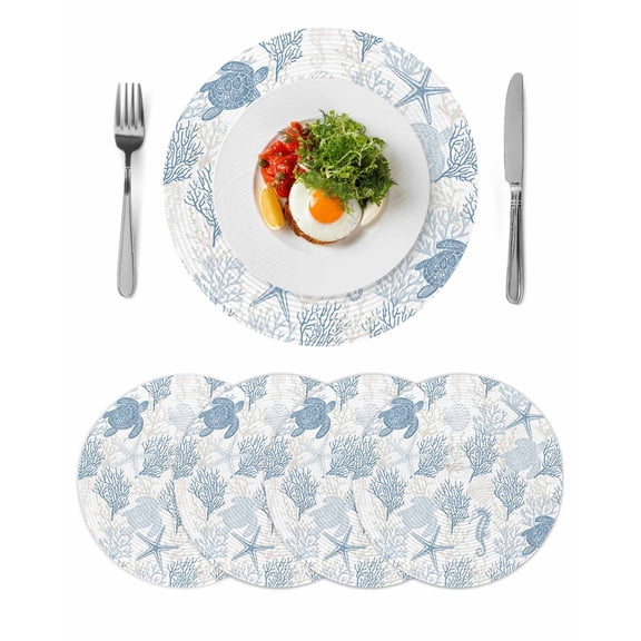 Blue Grey Coastal Round Placemats Set of 4, Braided Polypropylene Place Mats, Sea Turtle Nautical Coral Summer Beach Table Mats for Kitchen Dinner Holiday Wedding Party Coffee Table Decor 13"