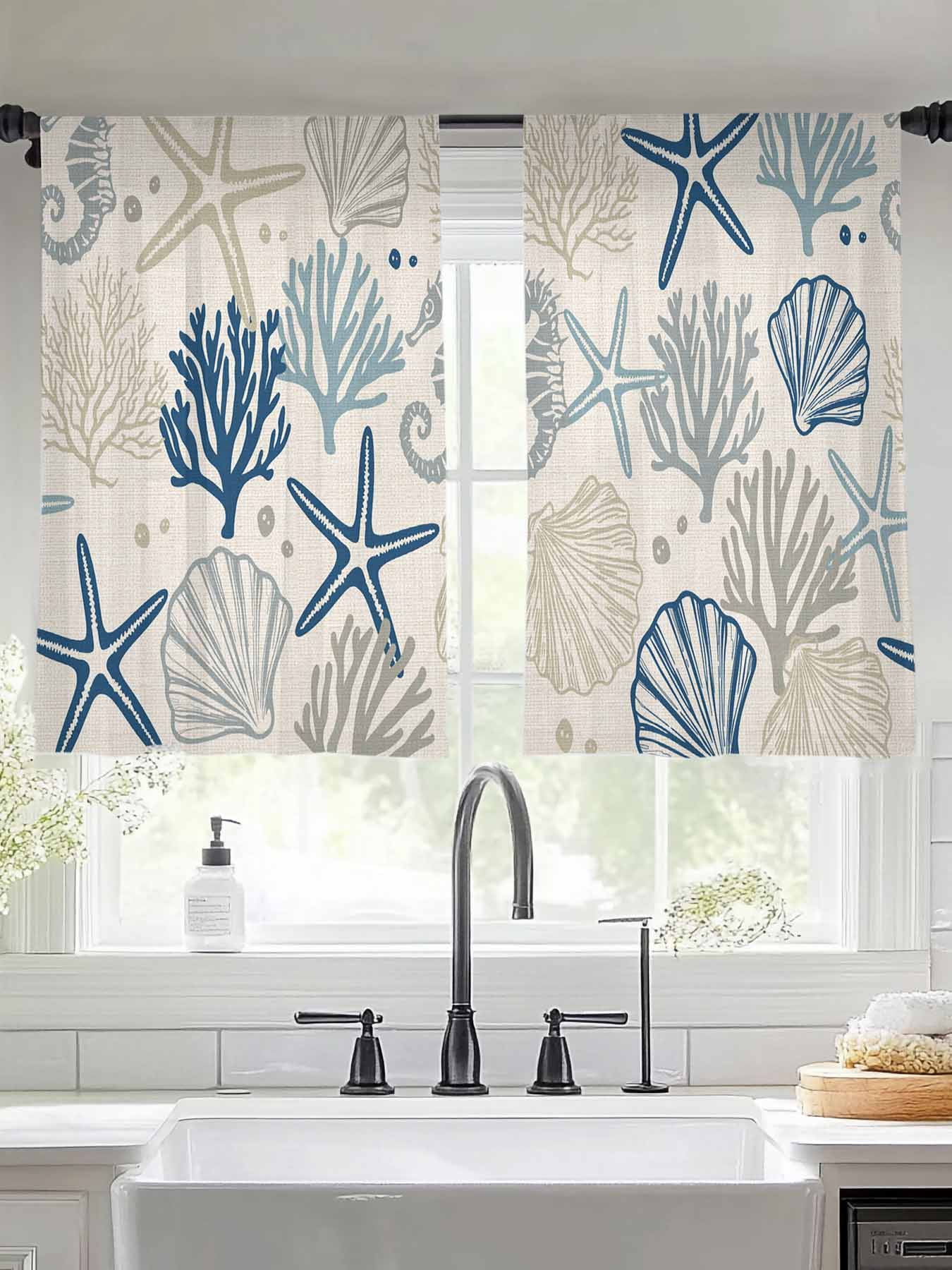 Blue Grey Coastal Sheer Curtains for Living Room Bedroom Rustic Ocean