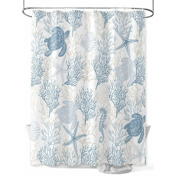Blue Grey Coastal Shower Curtain Set, Waterproof Shower Curtains for Bathroom, Sea Turtle Nautical Coral Summer Beach Washable Fabric Cloth Bath Curtain for Bathtub Decoration with Hooks 48x72 Inches