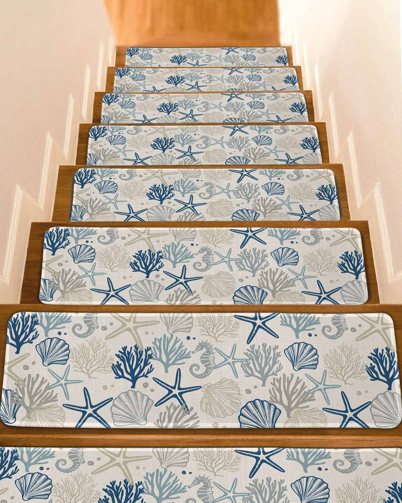 Blue Grey Coastal Stair Treads for Wooden Steps Indoor Runner Rug ...