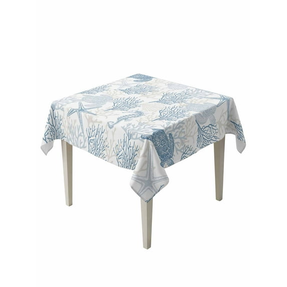 Blue Grey Coastal Table Cloth, Sea Turtle Nautical Coral Summer Beach Waterproof Tablecloth for Square Tables, Reusable Washable Fabric Table Cover for Restaurant Kitchen Dining Tables 60"x60"