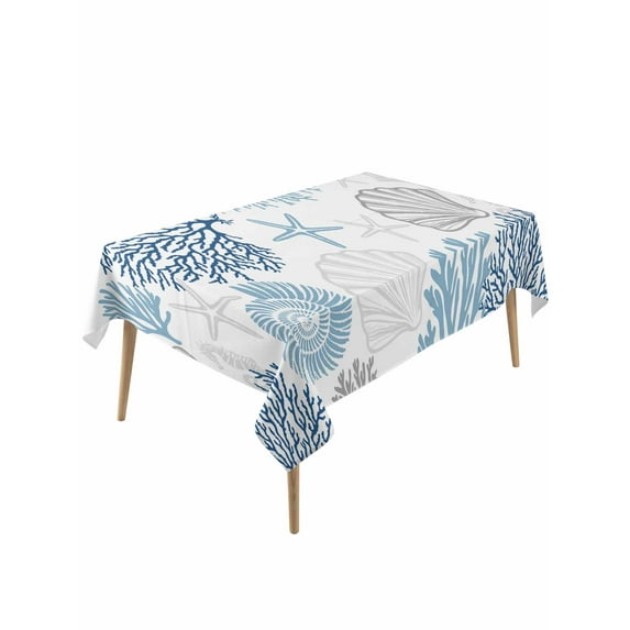 Blue Grey Coastal Table Cloth, Summer Beach Coral Shell Starfish Waterproof Tablecloth for Rectangle Tables, Reusable Washable Fabric Table Cover for Restaurant Kitchen Dining Tables 54"x108"