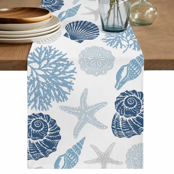 Blue Grey Coastal Table Runner 90 Inches, Nautical Shell Starfish Coral Summer Beach Bed Runner Dresser Scarves Tabletop for Indoor Outdoor Parties/Ceremony/Banquet, 13" x 90"