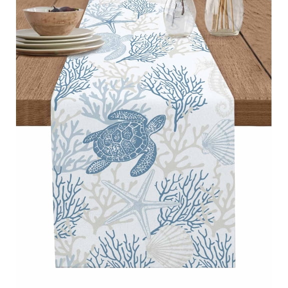 Blue Grey Coastal Table Runner Sea Turtle Nautical Coral Summer Beach Tablerunners 13 x 72 Inch, Table Decorations Tabletop Scarf for Summer Gathering Holiday Farmhouse Kitchen Dining Decor