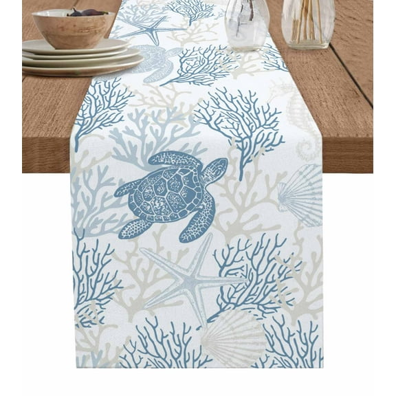 Blue Grey Coastal Table Runner Sea Turtle Nautical Coral Summer Beach Tablerunners 16 x 72 Inch, Table Decorations Tabletop Scarf for Summer Gathering Holiday Farmhouse Kitchen Dining Decor