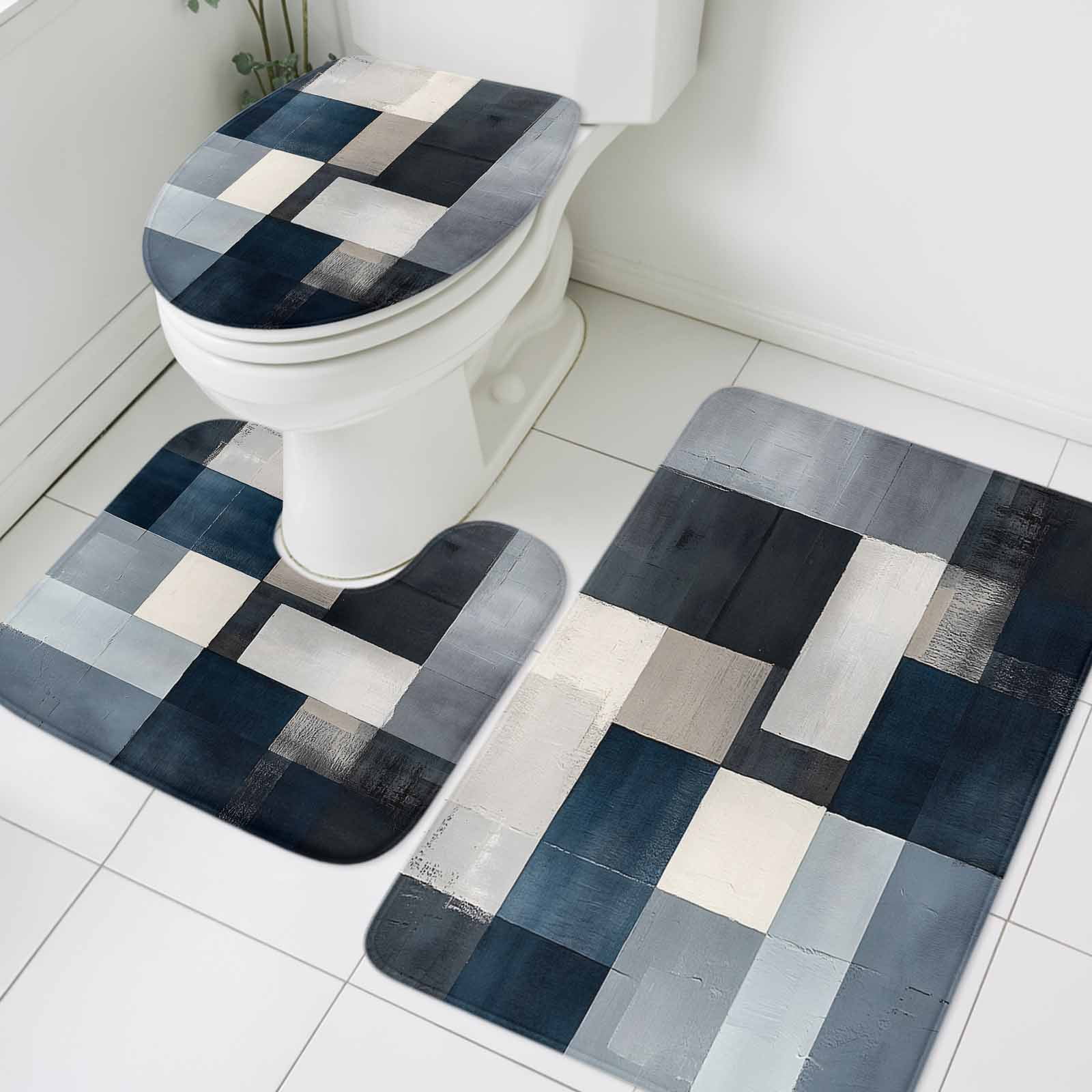 Blue Grey Color Block Bathroom Rugs Set Abstract Graffiti Art Oil ...