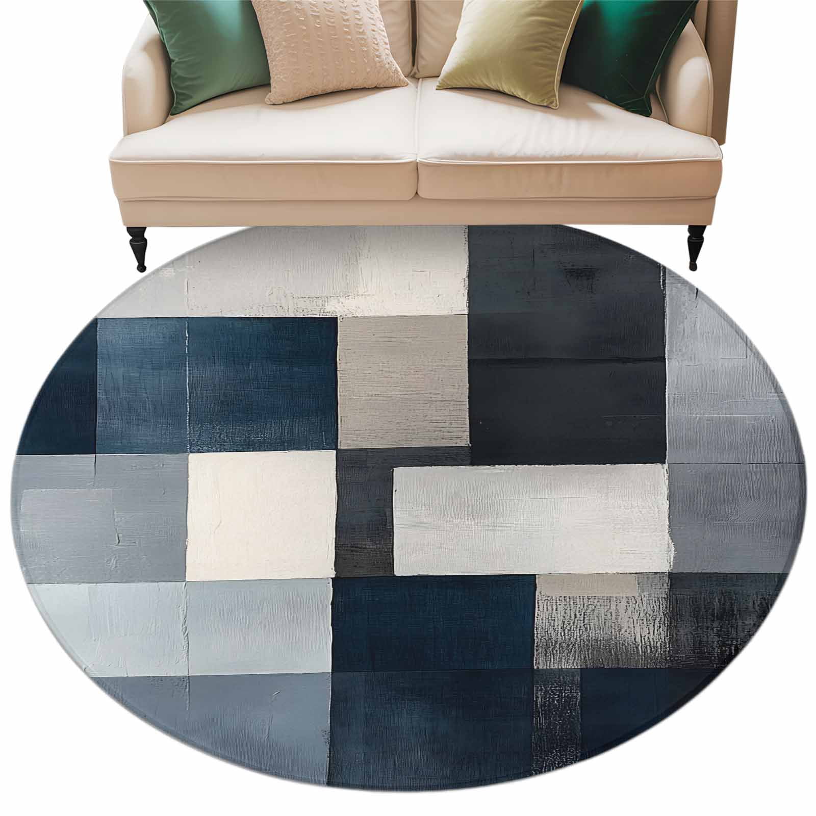 Blue Grey Color Block Round Area Rug 8ft Abstract Graffiti Art Oil ...