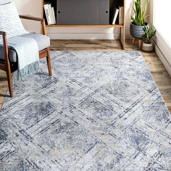 Geometric Blue/Grey Rug | Synthetic Fiber, No Shedding for Entryway and Eat-in Kitchen