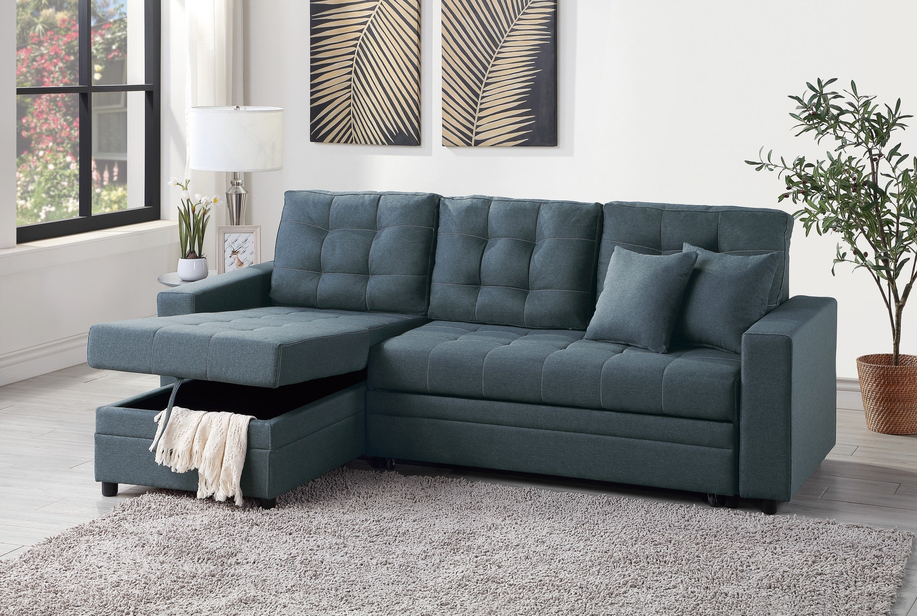 Blue Grey Convertible Sectional Pull Out Bed Sofa Chaise Reversible Storage Chaise Polyfiber