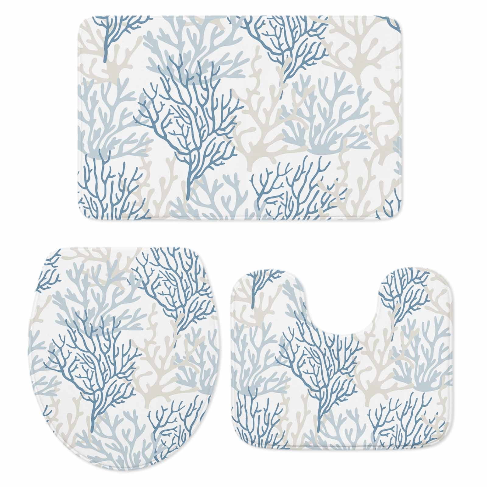 Blue Grey Coral Coastal Bath Mat 3 Piece Bathroom Rug Set, Summer Beach Seaside Nautical Non Slip Bath Rug Contour Mat and Toilet Lid Cover, Absorbent Shower Mats Soft Bath Rugs and Mats Sets