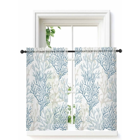 Blue Grey Coral Coastal Curtains 45 Inch Length,Sheer Curtains for Bedroom Living Room Window Summer Beach Seaside Nautical Rod Pocket Drapes Kitchen Curtains Small Half Window 52"x45" 2 Panels