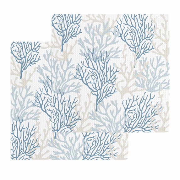 Blue Grey Coral Coastal Dish Towels Set, Waffle Weave Kitchen Towels 2 Pieces, Summer Beach Seaside Nautical Microfiber Hair Face Bath Tea Towel Absorbent Quick Drying Cleaning Dish Cloths 12"x12"