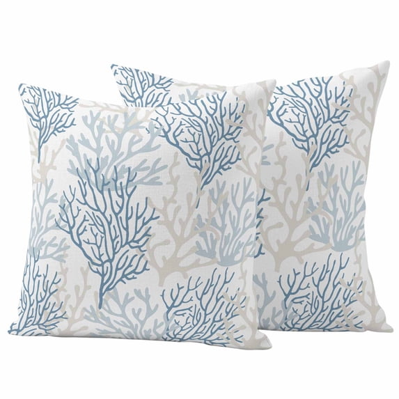Blue Grey Coral Coastal Outdoor Pillow Covers, Waterproof Decorative Throw Pillowcases Set of 2, Summer Beach Seaside Nautical Couch Cushion Cases with Zipper for Outside Patio Garden Sofa 16"x16"