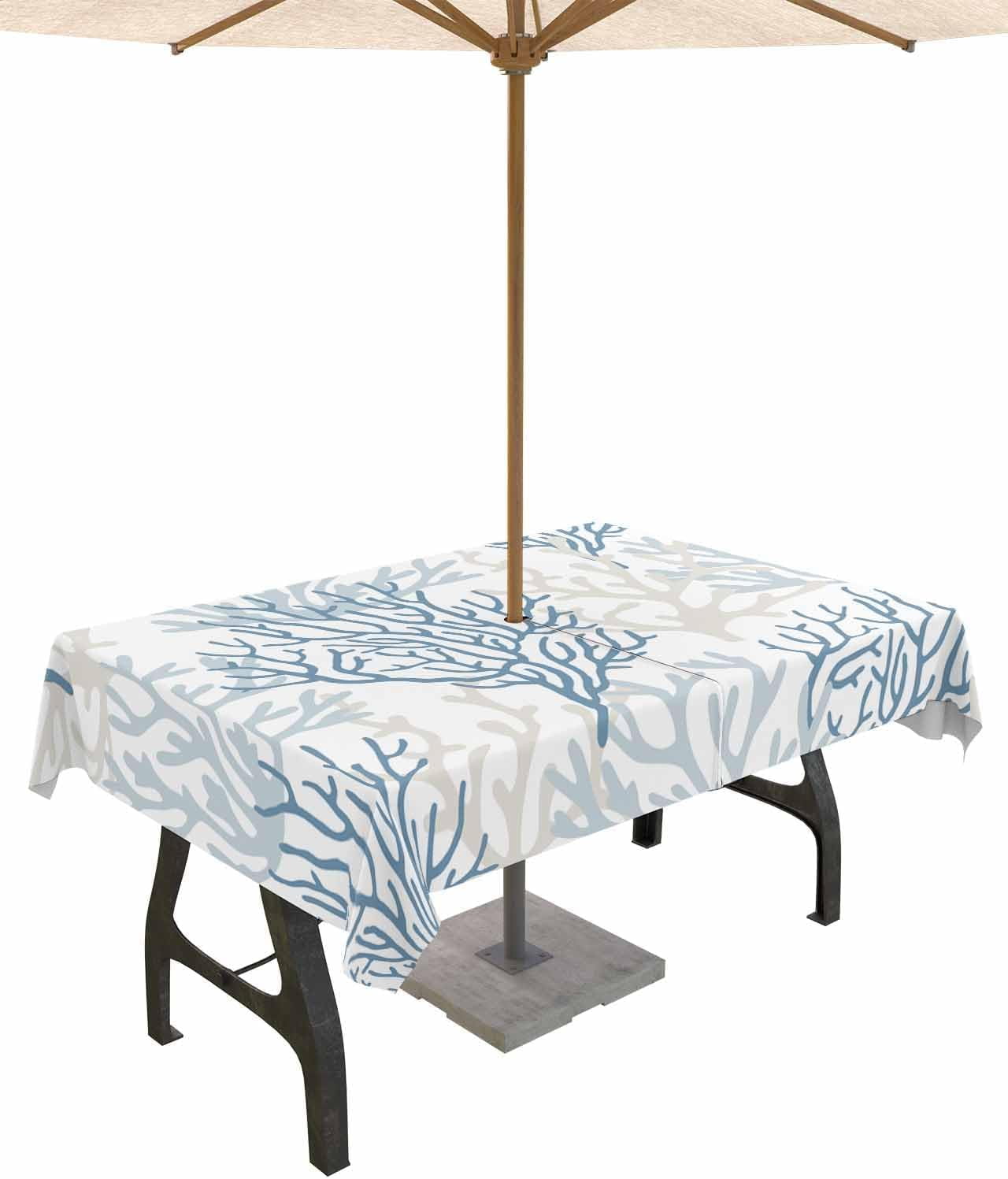 Blue Grey Coral Coastal Outdoor Tablecloth - 60x84 Inch Rectangle Waterproof Dining Table Cover, Summer Beach Seaside Nautical Outdoor Table Cloth with Umbrella Hole & Zipper for Patio