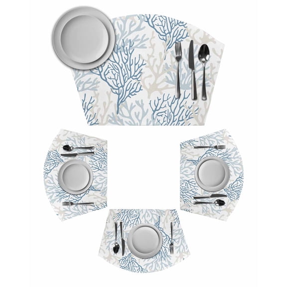 Blue Grey Coral Coastal Round Table Placemats Set of 2 Wedge Placemats, Summer Beach Seaside Nautical Place Mats for Dining Table Set Washable Mats Kitchen Decor for Indoor Outdoor Wipe Clean