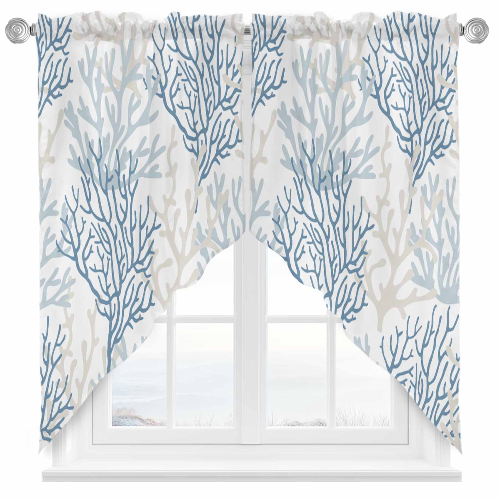 Blue Grey Coral Coastal Swag Curtains Valance For Kitchen Windows ...