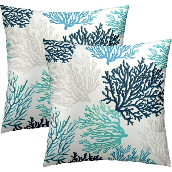 Blue Grey Coral Pillow Covers 16 x 16 Inches Set of 2 Coastal Ocean Marine Life Cotton Linen Pillowcase for Sofa Couch Living Room Outdoor Indoor Home Decor
