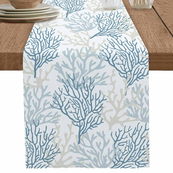 Blue Grey Coral Table Runner 90 Inches Long for Dining Table Decor,Coastal Beach Ocean Summer Beach Watercolor Burlap Linen Farmhouse Table Runner Coffee Table Runners for Kitchen Party Holiday