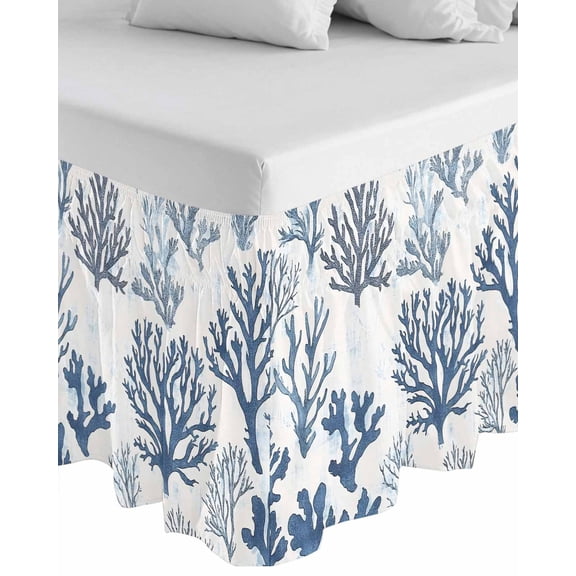 Blue Grey Coral Wrap Around Bed Skirts for Queen Bed 16" Drop, Bed Skirt with Adjustable Elastic Belt Dust Ruffle Bed Valance for Bedroom Hotel Luxury Coastal Watercolor Ocean Bed Frame Cover