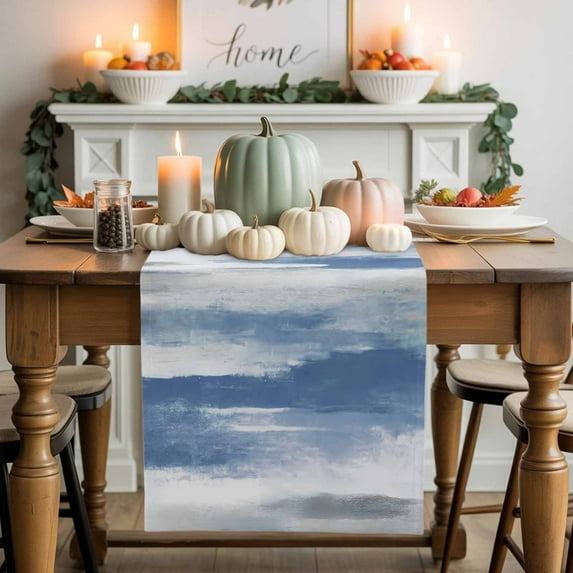 Blue Grey Cotton Linen Table Runner, Washable Table Runners for Kitchen, Dining Room, Holiday, Home Party Table Decor, 13x60 Inches
