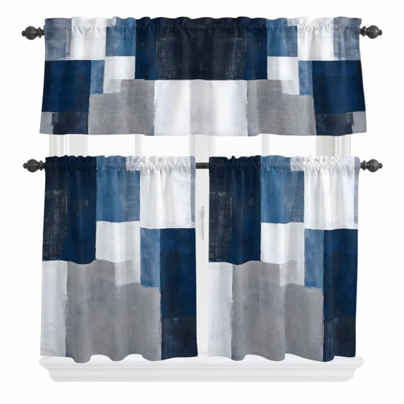 Blue Grey Curtain Valances Set Abstract Graffiti Modern Mottled Art Kitchen Curtains 36 inch Length Rod Pocket Valance and Tiers 3 Piece Set Small Bedroom Bathroom Laundry Decor