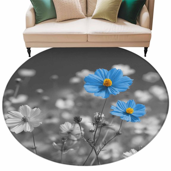 Blue Grey Daisy Round Area Rugs Collection 5', Farmhouse Flowers Abstract Country Non Slip Indoor Circular Throw Runner Rug Floor Mat Carpet for Living Room Dining Table Bedroom Nursery
