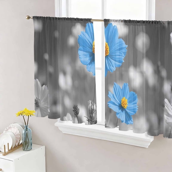 Blue Grey Daisy Sheer Curtains 54 Inch Length 2 Panels Set Window Treatments, Farmhouse Flowers Abstract Country Rod Pocket Semi Curtains for Living Room/Bedroom/Kitchen Décor, 104"W x 54"L