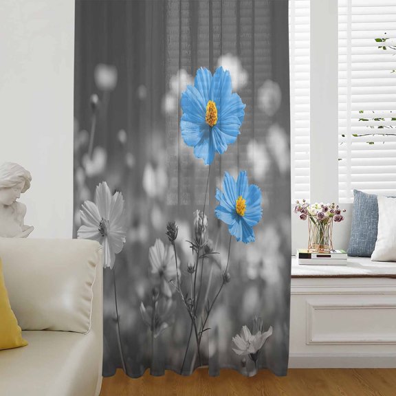 Blue Grey Daisy Sheer Curtains 63 Inches Long for Living Room/Bedroom, Farmhouse Flowers Abstract Country Rod Pocket Voile Kitchen Curtains & Drapes Window Treatment 1 Panel, 52"W x 63"L