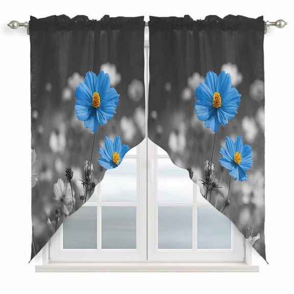 Blue Grey Daisy Swag Curtains for Living Room/Bedroom, Farmhouse Flowers Abstract Country Swag Kitchen Curtain Valances for Windows, Tier Topper Scalloped Curtain 2 Panels, 72"W x 63"L