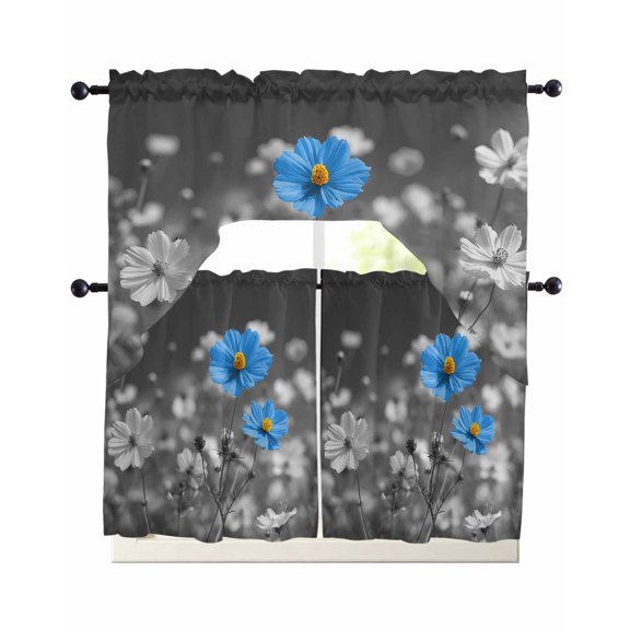 Blue Grey Daisy Swag Curtains for Living Room/Bedroom Windows, Farmhouse Flowers Abstract Country Kitchen Curtains and Valances Set 36 Inch Length, Light Filtering Swags Valance Curtain Panels