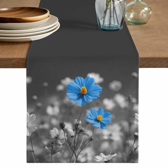 Blue Grey Daisy Table Runner, Farmhouse Flowers Abstract Country Washable Cotton Linen Table Runners 48 Inches Long, Dresser Scarf Runner for Nightstand/Coffee/End Tables 13''x48''