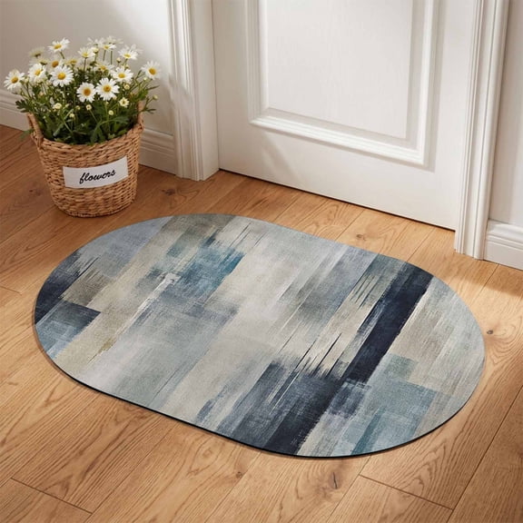 Blue Grey Diatomaceous Earth Bath Mat, Modern Abstract Minimalist Brushstroke Vertical Lines Oval Non-Slip Quick Dry Door Mat Super Absorbent Bath Rug for Bathroom Kitchen Laundry 16x24in