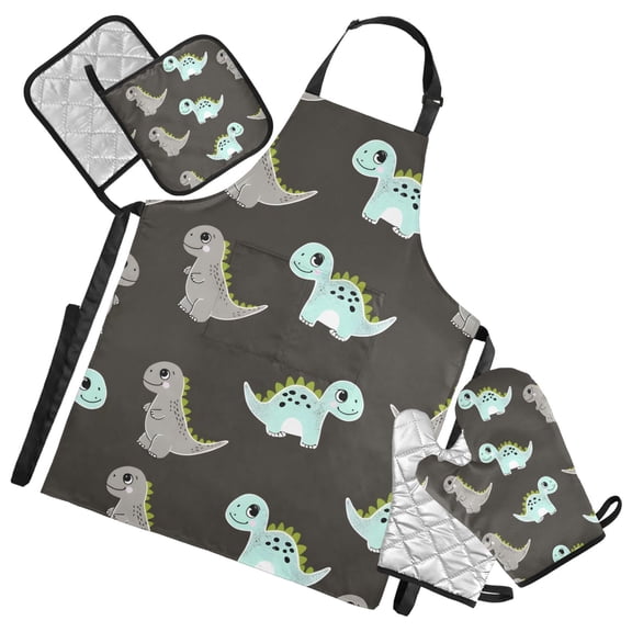Blue Grey Dinosaur 5 Pcs Kitchen Set Heat Resistant Oven Mitts and Non-Slip Pot Holders with Adjustable Cooking Apron