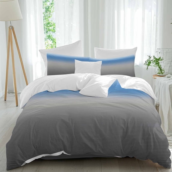 Blue Grey Duvet Cover Set Full Size, Stripe Gradient 4 Piece Soft Microfiber Bedding Set with 1 Duvet Cover, 1 Flat Sheet, 2 Pillowcases