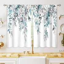 Blue Grey Eucalyptus Botanical Leaves Floral Kitchen Window Curtains Over Sink Farmhouse Flower Leaf Small Window Treatment Cafe Short Curtains for Bathroom Treatment Tier Drapes 26x24 inch