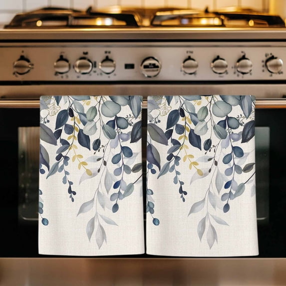 Blue Grey Eucalyptus Kitchen Towels Set of 3, Farmhouse Weeping Leaves on Linen Absorbent Dish Towels for Kitchen, Microfiber Hand Towel, Quick Drying Tea Towel for Cleaning Decorative Dishcloths