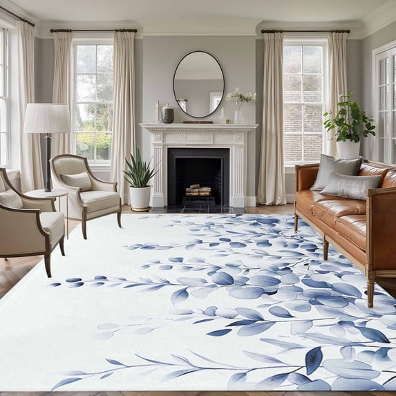 Blue Grey Eucalyptus Leaves Area Rugs 8x10 for Living Room, Spring Rustic Botanical Non Slip Washable Rug Runner, Low Pile Indoor Floor Carpet Mat Bathroom Rugs for Bedroom, Kids Room