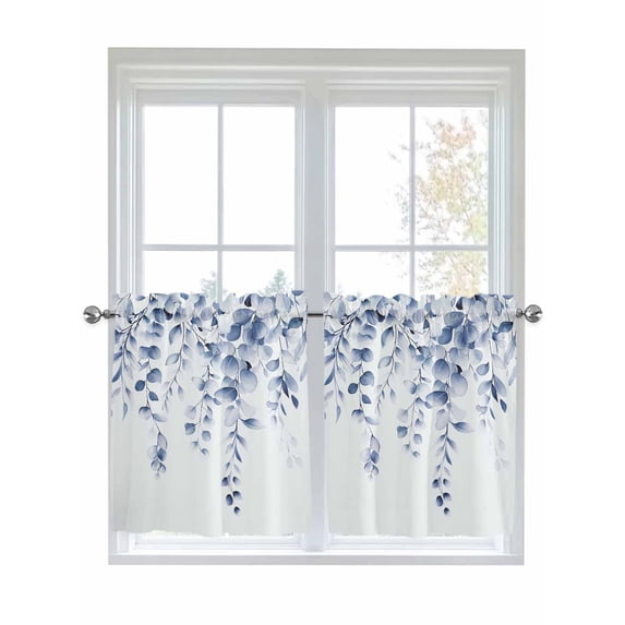 Blue Grey Eucalyptus Leaves Half Window Curtains 24 Inches Long, Spring Rustic Botanical Window Treatment Curtain Drapes, Short Curtains Tiers for Kitchen Over Sink, 27.5"x24", 2 Panels