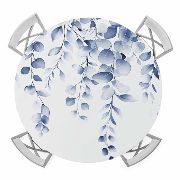 Blue Grey Eucalyptus Leaves Round Fitted Tablecloth with Elastic Edge, Waterproof Table Cloth Table Cover for 36"-44" Tables, Spring Rustic Botanical Tablecloths for Dining Picnic Indoor Outdoor