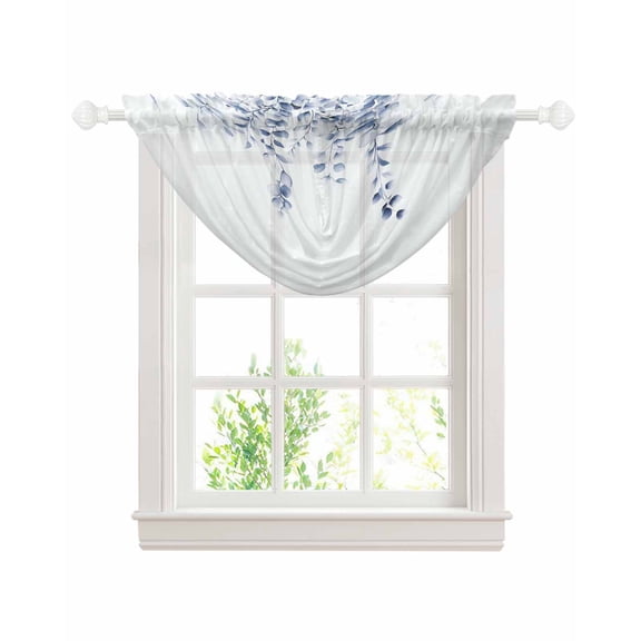 Blue Grey Eucalyptus Leaves Waterfall Valances for Windows, Spring Rustic Botanical Kitchen Sheer Valance Curtains, Rod Pocket Elegant Swag Valances for Living Room Bedroom, 47.2"x38.5", 1 Panel