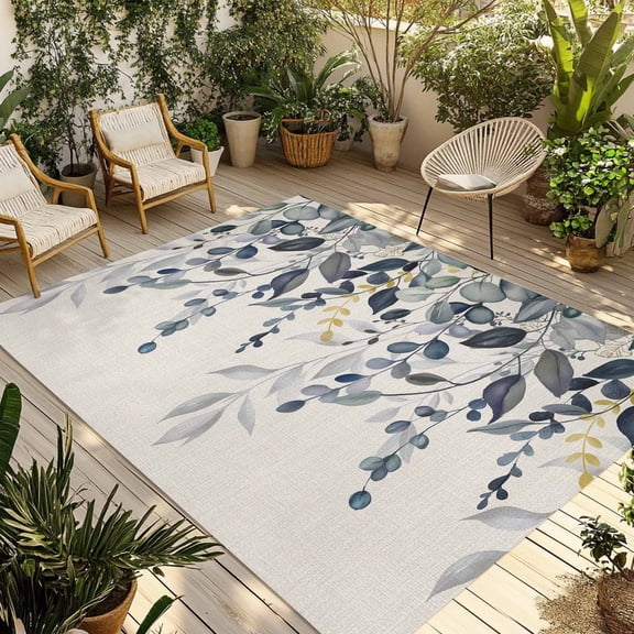 Blue Grey Eucalyptus Outdoor Rug for Patio/Deck/Porch, Non-Slip Large Area Rug 4 x 6 Ft, Farmhouse Weeping Leaves on Linen Indoor Outdoor Rugs Washable Area Rugs, Reversible Camping Rug Carpet Runner