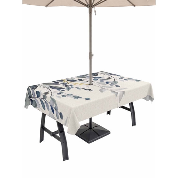 Blue Grey Eucalyptus Outdoor Tablecloth - 54x80 Inch Rectangle Dining Table Cover, Farmhouse Weeping Leaves on Linen Waterproof Outdoor Table Cloth with Umbrella Hole & Zipper for Picnic/Patio/Party