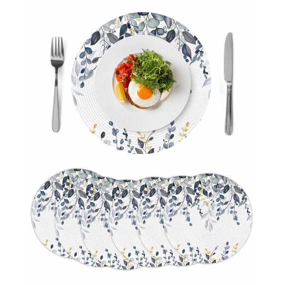 Blue Grey Eucalyptus Round 13 Inch Placemats Set of 6, Watercolor Spring Weeping Botanical HeatResistant Non Slip Place Mats for Dining Table, Wipeable Braided Kitchen Table Mats for Housewarming