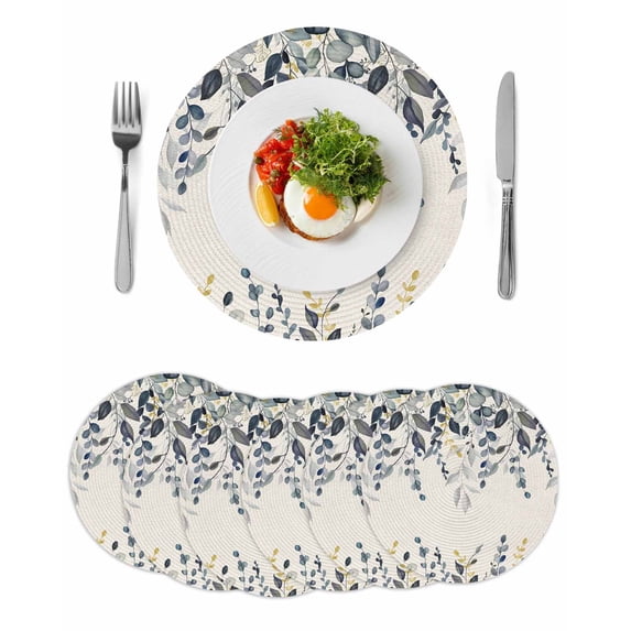 Blue Grey Eucalyptus Round 15 Inch Placemats Set of 6, Farmhouse Weeping Leaves on Linen HeatResistant Non Slip Place Mats for Dining Table, Wipeable Braided Kitchen Table Mats for Housewarming