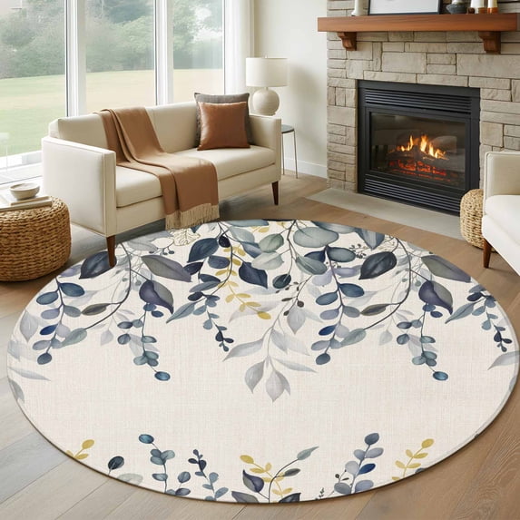 Blue Grey Eucalyptus Round Area Rug 5Ft Washable Circle Rugs for Living Room Bedroom, Farmhouse Weeping Leaves on Linen Non-Slip Carpet Floor Mats Indoor Outdoor Carpet Runner Aesthetic Home Decor
