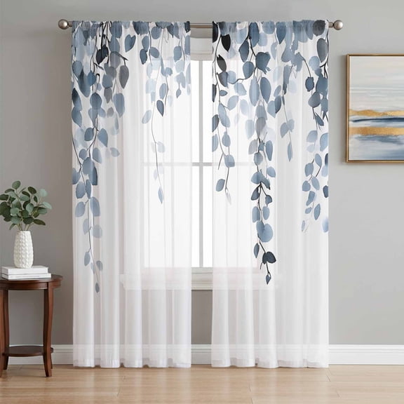 Blue Grey Eucalyptus Sheer Curtains 63 Inch Length 2 Panels Set, Spring Summer Botanical Plants Chic Voile Window Treatment Rod Pocket Curtains Sheers Drapes for Bedroom/Living Room/Kitchen 52x"63"x2